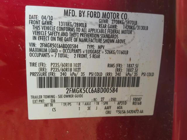 2FMGK5CC6ABD00584 - 2010 FORD FLEX SEL MAROON photo 10