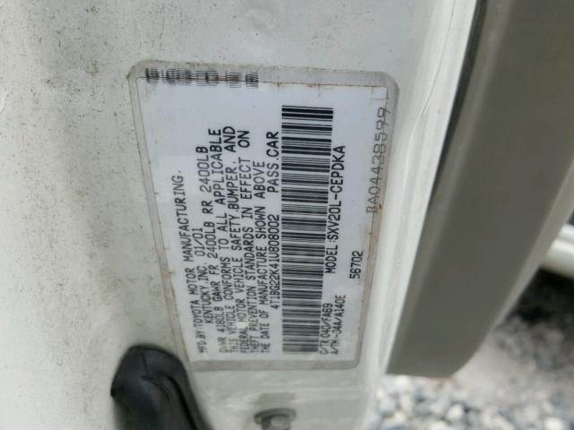 4T1BG22K41U808002 - 2001 TOYOTA CAMRY CE WHITE photo 10