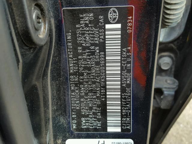 4T1BF1FK5CU016998 - 2012 TOYOTA CAMRY BASE BLACK photo 10