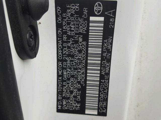 JTKDE3B7XA0305658 - 2010 TOYOTA SCION TC 白色 照片 10