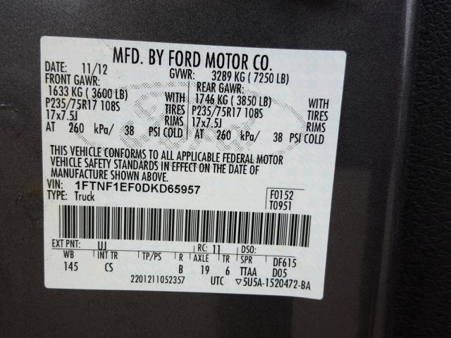 1FTNF1EF0DKD65957 - 2013 FORD F150 CHARCOAL photo 10