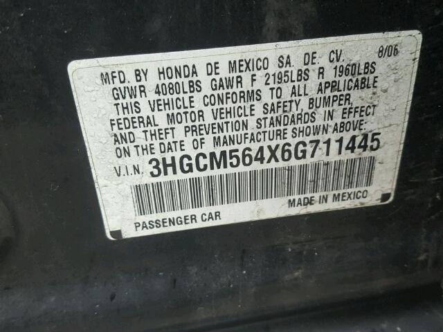 3HGCM564X6G711445 - 2006 HONDA ACCORD LX BLACK photo 10