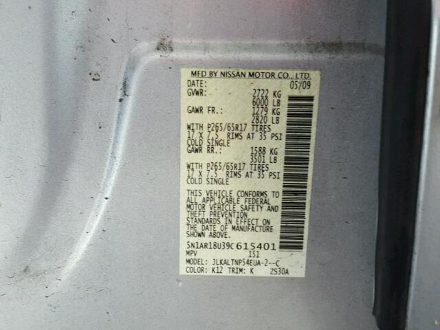 5N1AR18U39C615401 - 2009 NISSAN PATHFINDER SILVER photo 10