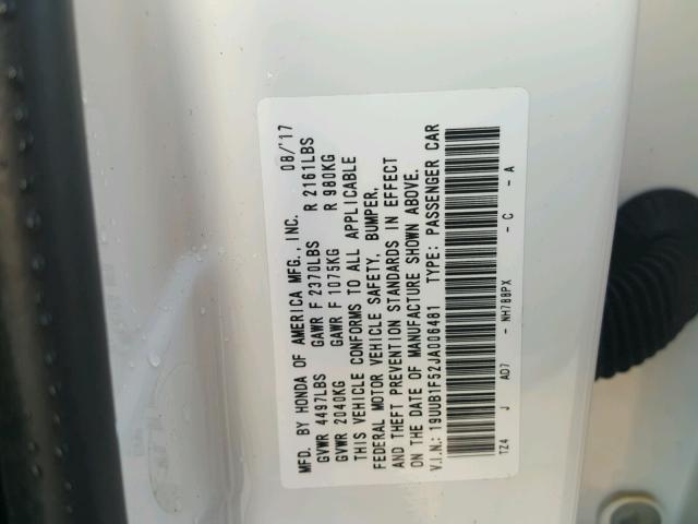 19UUB1F52JA006481 - 2018 ACURA TLX TECH WHITE photo 10
