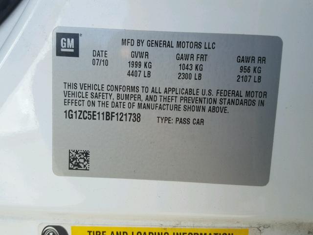 1G1ZC5E11BF121738 - 2011 CHEVROLET MALIBU 1LT 白色 照片 10