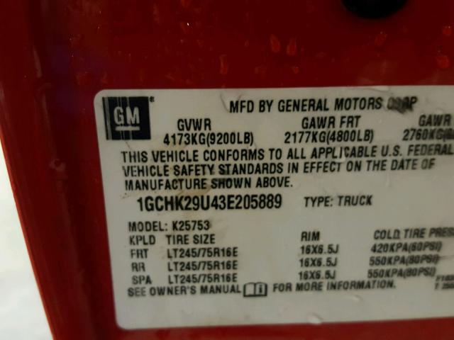 1GCHK29U43E205889 - 2003 CHEVROLET SILVERADO RED photo 10