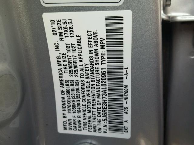 5J6RE3H73AL020961 - 2010 HONDA CR-V EXL SILVER photo 10