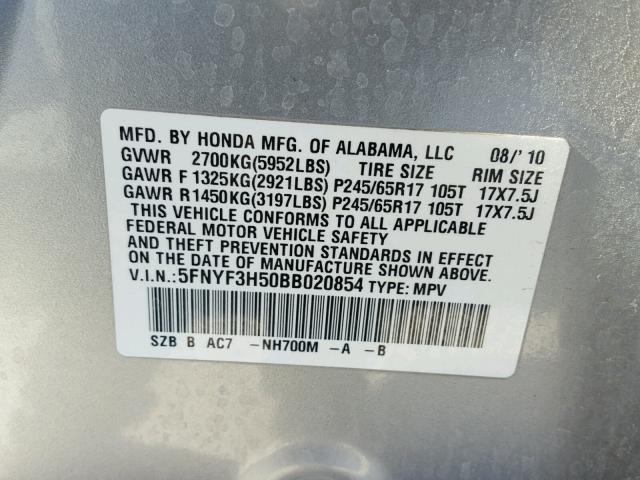 5FNYF3H50BB020854 - 2011 HONDA PILOT EXL SILVER photo 10