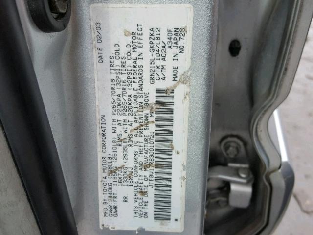 JTEBU17R830010721 - 2003 TOYOTA 4RUNNER LI SILVER photo 10