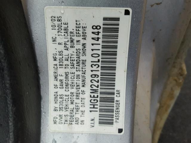 1HGEM22913L011448 - 2003 HONDA CIVIC EX SILVER photo 10