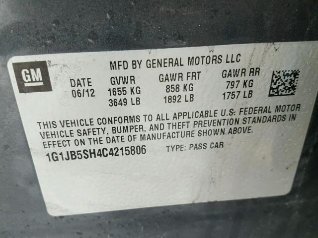 1G1JB5SH4C4215806 - 2012 CHEVROLET SONIC LS GRAY photo 10