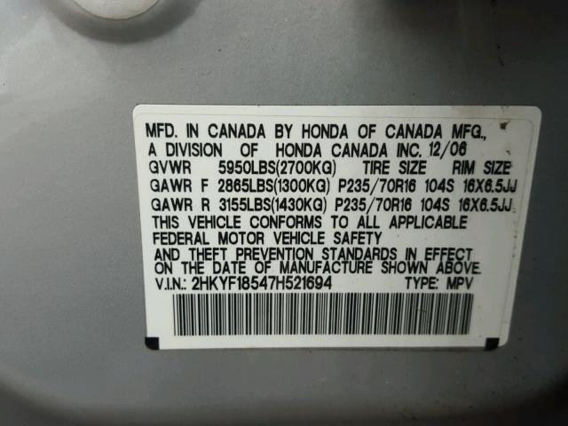 2HKYF18547H521694 - 2007 HONDA PILOT EXL SILVER photo 10