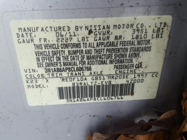 3N1AB6AP8CL606766 - 2012 NISSAN SENTRA 2.0 SILVER photo 10