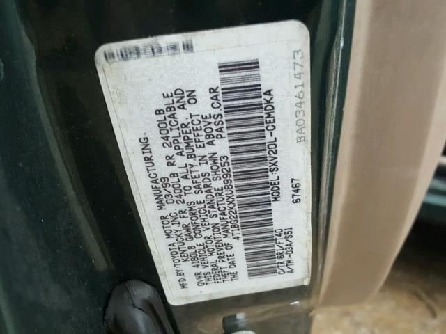 4T1BG22KXXU899253 - 1999 TOYOTA CAMRY CE GREEN photo 10