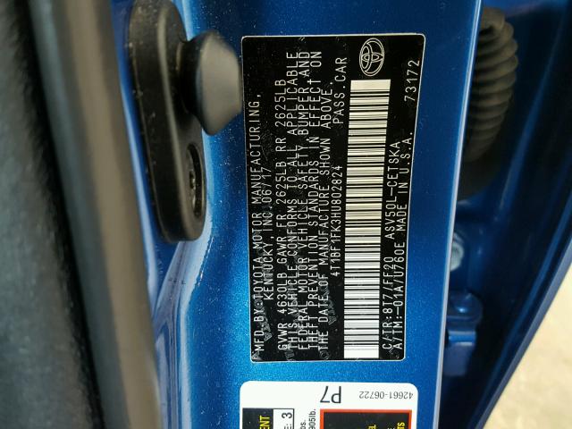 4T1BF1FK3HU802824 - 2017 TOYOTA CAMRY LE BLUE photo 10