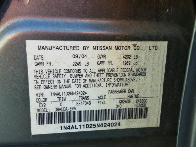 1N4AL11D25N424024 - 2005 NISSAN ALTIMA S GREEN photo 10