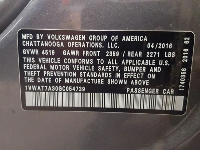 1VWAT7A30GC054739 - 2016 VOLKSWAGEN PASS R/L S GRAY photo 10