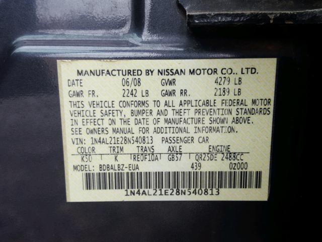 1N4AL21E28N540813 - 2008 NISSAN ALTIMA 2.5 GRAY photo 10