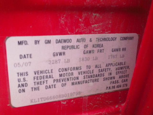 KL1TD66608B019798 - 2008 CHEVROLET AVEO BASE Rouge photo 10