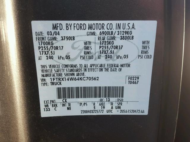 1FTRX14W64KC70562 - 2004 FORD F150 Grau Foto 10