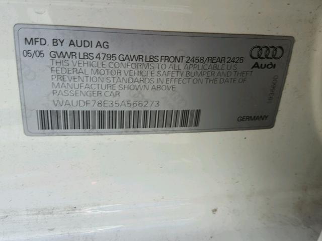 WAUDF78E35A566273 - 2005 AUDI A4 2.0T QU WHITE photo 10