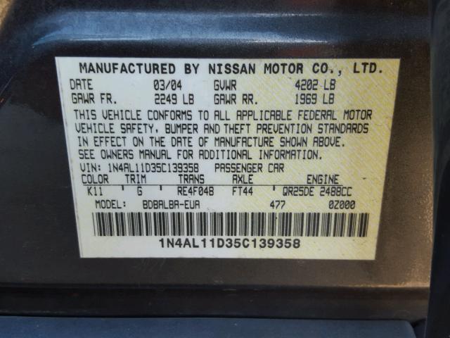 1N4AL11D35C139358 - 2005 NISSAN ALTIMA S GRAY photo 10