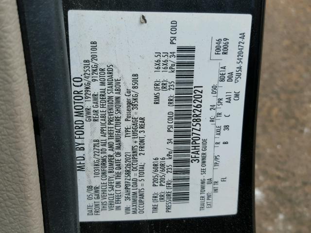 3FAHP07Z58R262021 - 2008 FORD FUSION SE BLACK photo 10