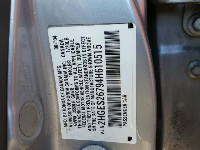 2HGES26794H610515 - 2004 HONDA CIVIC EX თეთრი ფოტო 10