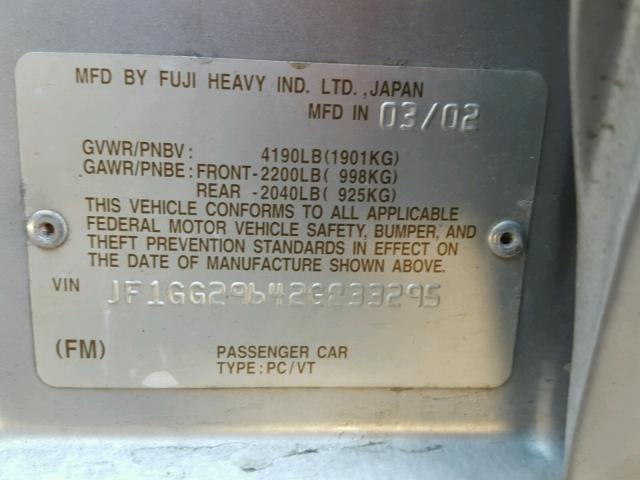 JF1GG29642G833295 - 2002 SUBARU IMPREZA WR SILVER photo 10