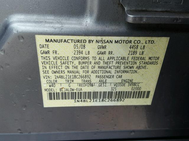 1N4BL21E18C266892 - 2008 NISSAN ALTIMA 3.5 SILVER photo 10