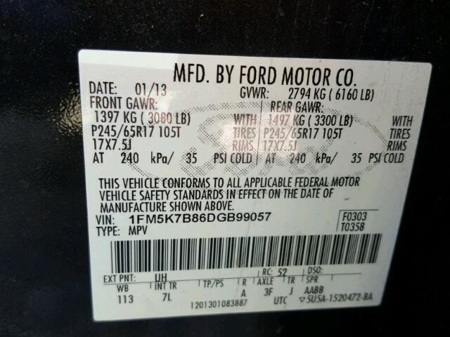 1FM5K7B86DGB99057 - 2013 FORD EXPLORER BLACK photo 10