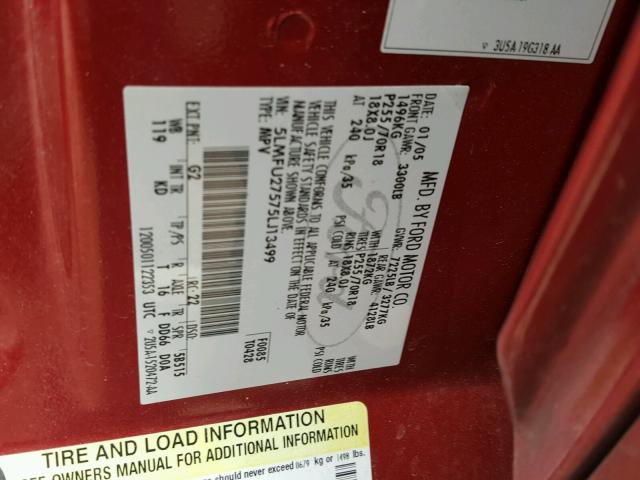 5LMFU27575LJ13499 - 2005 LINCOLN NAVIGATOR წითელი ფოტო 10