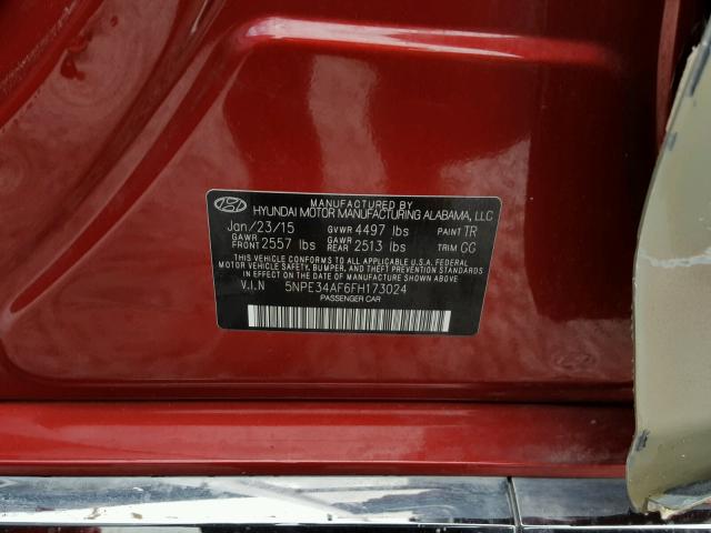 5NPE34AF6FH173024 - 2015 HYUNDAI SONATA SPO RED photo 10