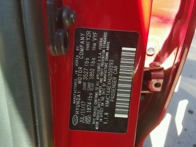 KMHCT4AEXHU359393 - 2017 HYUNDAI ACCENT SE RED photo 10