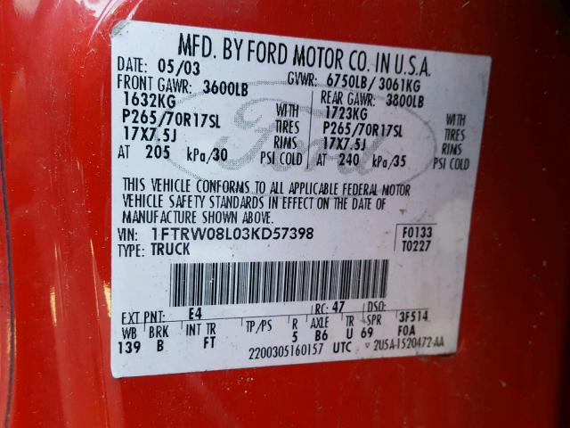 1FTRW08L03KD57398 - 2003 FORD F150 SUPER RED photo 10