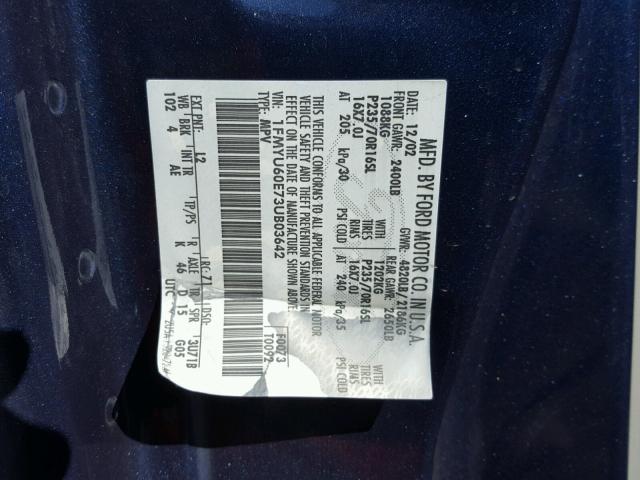 1FMYU60E73UB03642 - 2003 FORD EXPLORER S BLUE photo 10