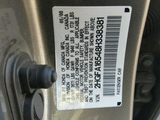 2HGFA16548H338381 - 2008 HONDA CIVIC LX GRAY photo 10