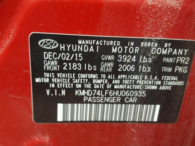 KMHD74LF6HU060935 - 2017 HYUNDAI ELANTRA SE BURGUNDY photo 10