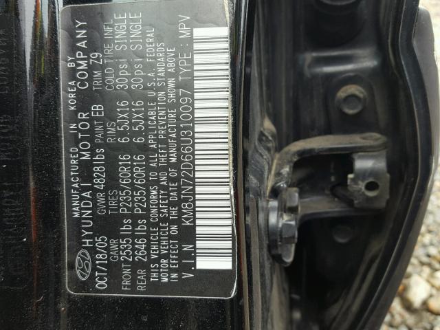 KM8JN72D66U310097 - 2006 HYUNDAI TUCSON GLS BLACK photo 10