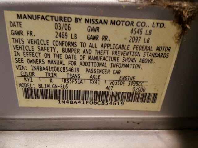 1N4BA41E06C854619 - 2006 NISSAN MAXIMA SE GRAY photo 10