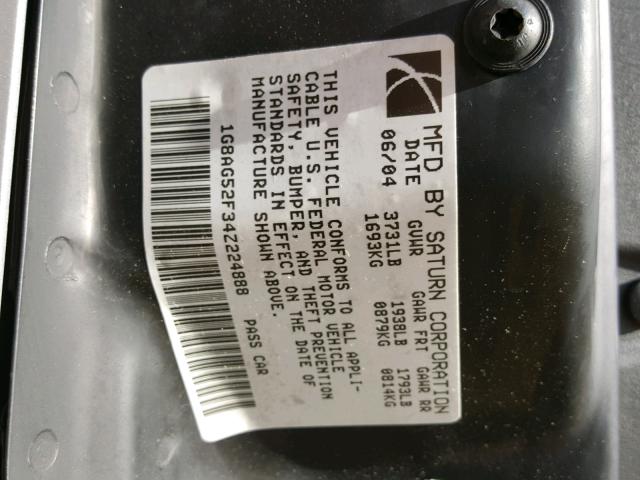 1G8AG52F34Z224888 - 2004 SATURN ION LEVEL SILVER photo 10