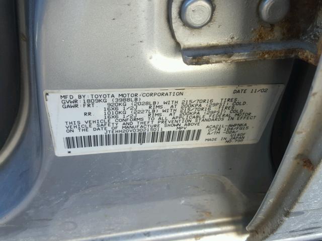 JTEHH20V030215011 - 2003 TOYOTA RAV4 SILVER photo 10