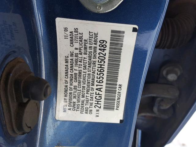 2HGFA16556H502489 - 2006 HONDA CIVIC LX BLUE photo 10