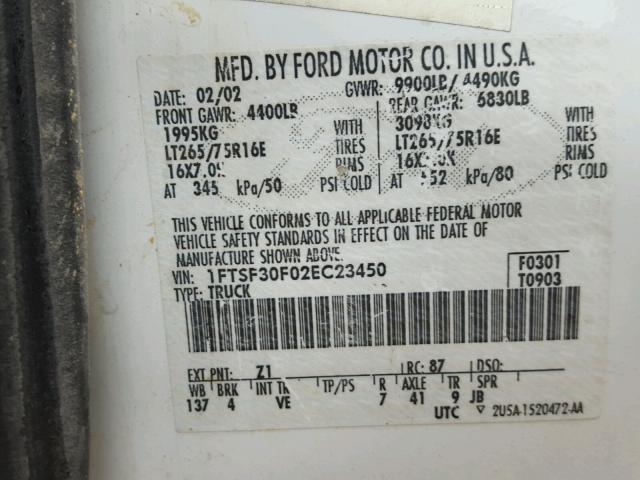 1FTSF30F02EC23450 - 2002 FORD F350 SRW S WHITE photo 10