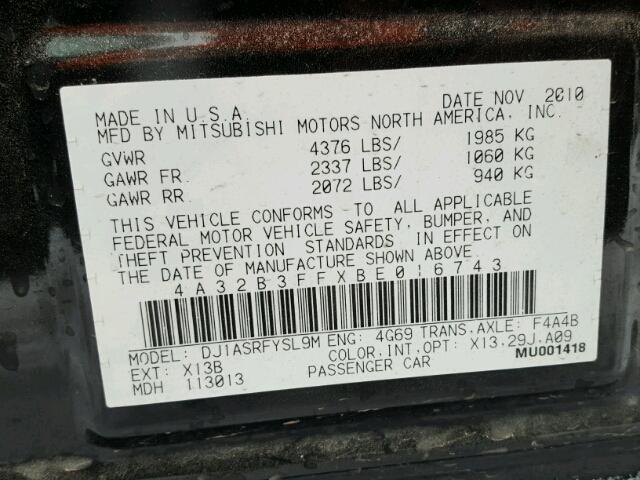 4A32B3FFXBE016743 - 2011 MITSUBISHI GALANT ES BLACK photo 10