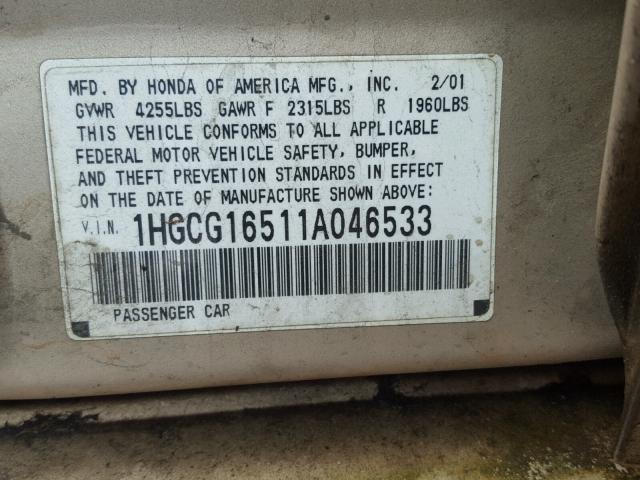 1HGCG16511A046533 - 2001 HONDA ACCORD EX GOLD photo 10