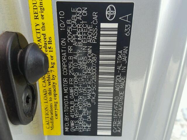 JTKJF5C72B3007387 - 2011 TOYOTA SCION TC 灰色 照片 10