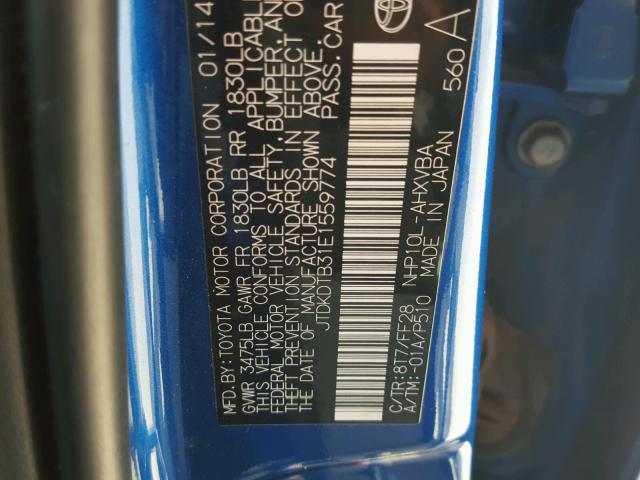 JTDKDTB31E1559774 - 2014 TOYOTA PRIUS C BLUE photo 10