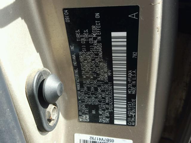 5TDZA22C35S229011 - 2005 TOYOTA SIENNA XLE GOLD photo 10