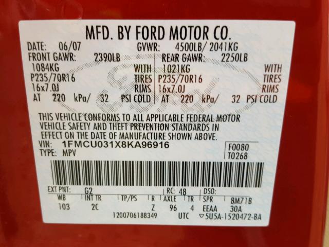 1FMCU031X8KA96916 - 2008 FORD ESCAPE XLT RED photo 10